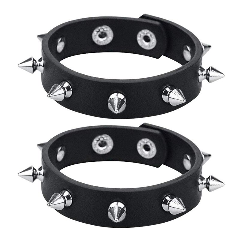 Macoking Leather Studded Bracelet Choker Punk Spike Rivet Cuff Metal Black Wristband - Image 3